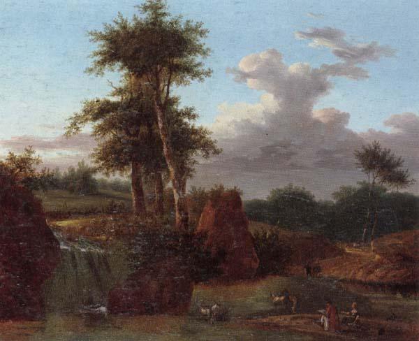 unknow artist A Wooded landscape with an artist sketching at the base of a waterfall,anmals drinking in a pool nearby France oil painting art